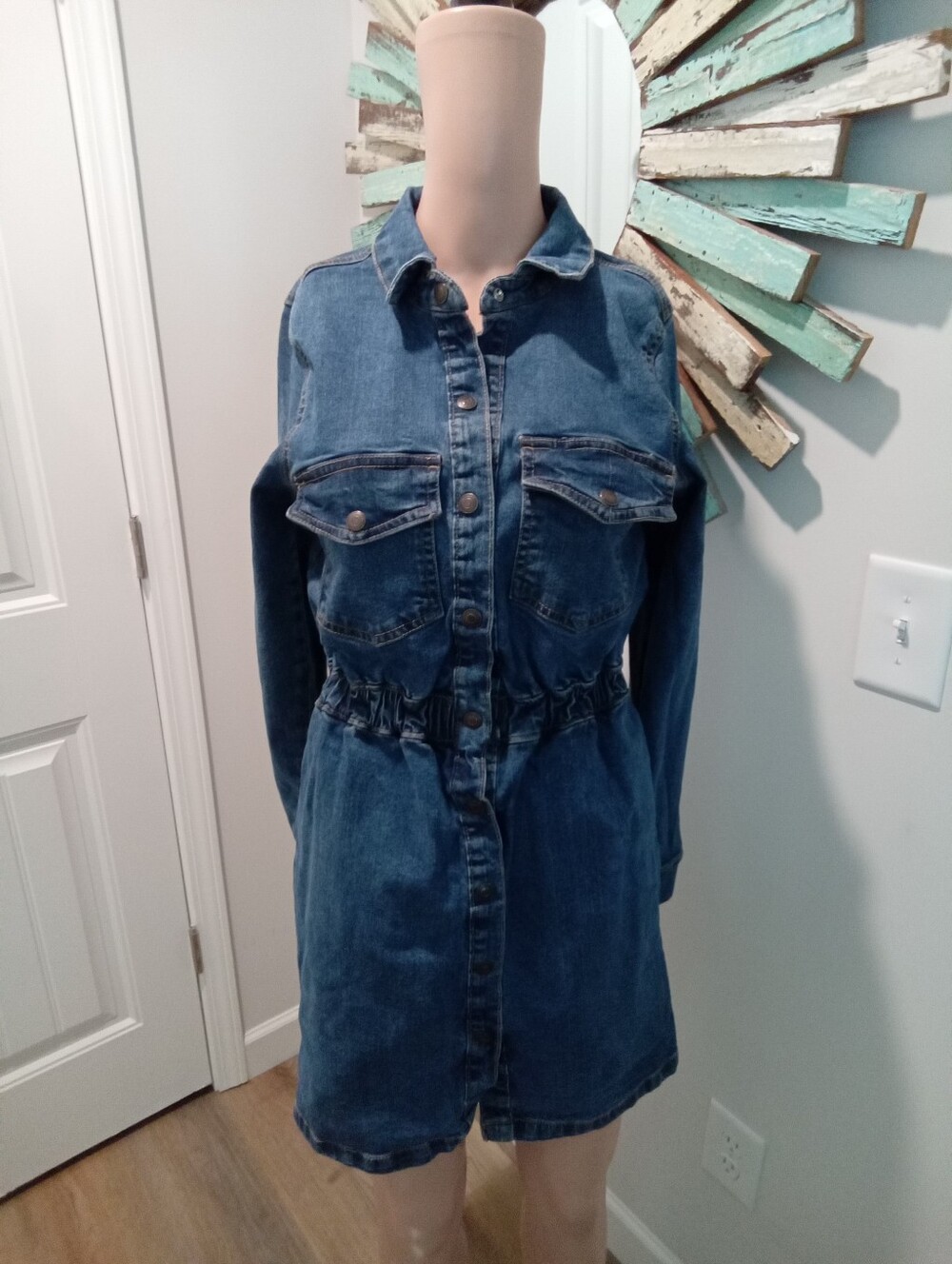 Moodo Size M Long Sleeve Denim Shirt Mini Dress w/Front Pockets & Snap Buttons